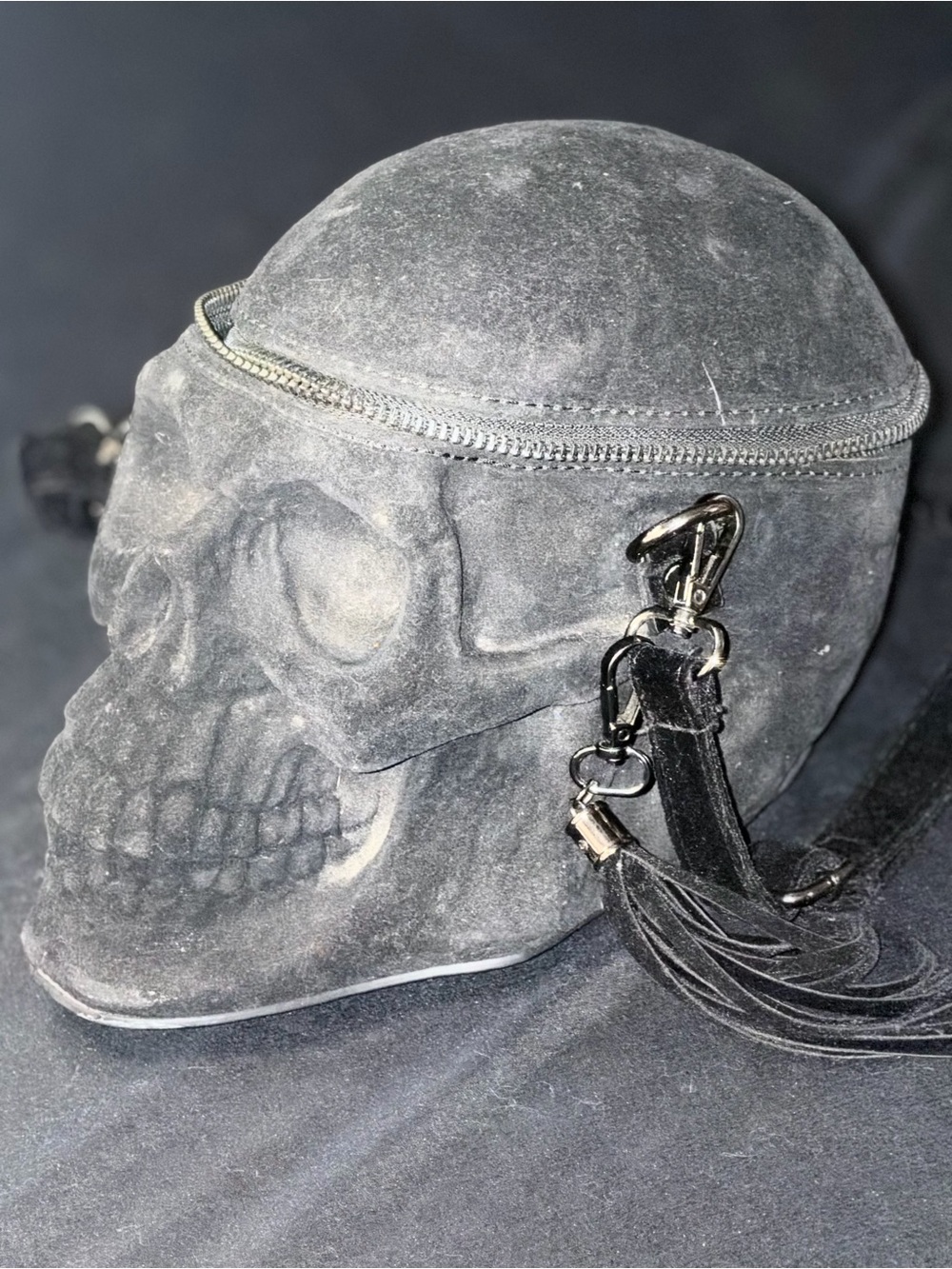 Killstar Black Suede Skull Crossbody Bag with Tassel Strap